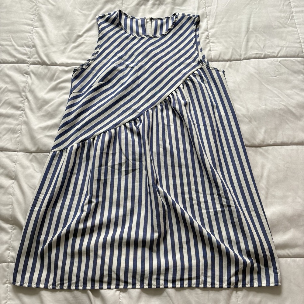 Womens Large Striped Round Neck Ruched Mini Dress Blue Nautical Beach Luxury
